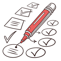 Business survey checklist with a red check mark and pencil