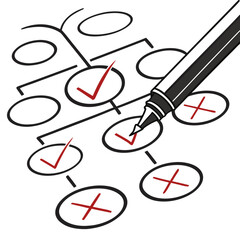 Pen and checkmark on a business paper, symbolizing a signed note or a completed survey