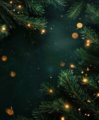 dark green christmas fir tree branches background with empty copy space and golden glowing lights