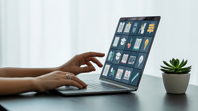 Person browsing digital content on a laptop with many app icons displayed
