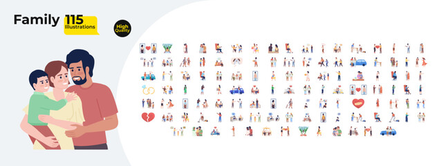 Happy family life and parenting cartoon flat illustrations mega bundle. Relationships, bonding, caregiving, emotional communication 2D images isolated on white. Collection vector drawings colorful
