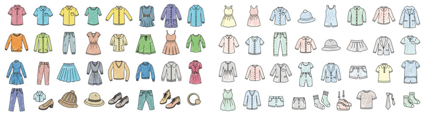 Clothing items drawn with sketch style. Apparel, fashion, style, design, garment, clothes, wear, outfits, casual, vintage, modern, trendy.