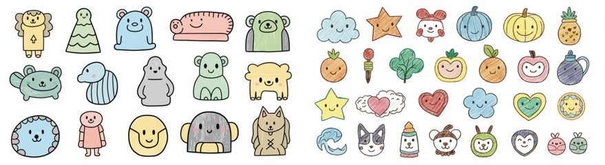 Obraz premium Cute hand-drawn cartoon doodles illustrations. Fun sketches, childish style, funny characters, creative drawings, whimsical design elements, playful, cheerful, vibrant.