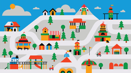 Colorful cartoon village scene with houses trees roads and vehicles on a snowy mountain landscape
