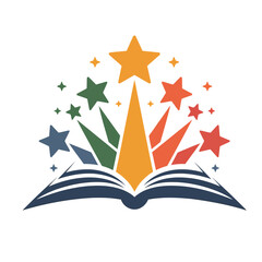 Open book with colorful stars bursting outward symbolizing knowledge and imagination