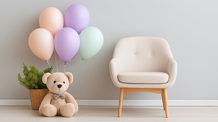 A beautifully styled children's interior features a plush teddy bear, colorful pastel balloons, and a cozy beige armchair. This soft modern nursery concept conveys warmth, safety, joy