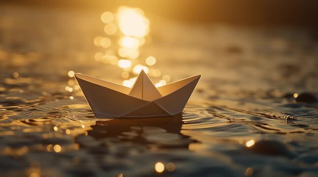 Paper Boat's Voyage in Golden Hour: A solitary paper boat gracefully navigates a tranquil sea, bathed in the ethereal glow of the golden hour, as gentle waves carry it towards the horizon.