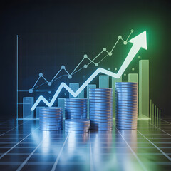 Fototapeta premium Stacked Coins and Financial Growth Graph with Green Upward Arrow