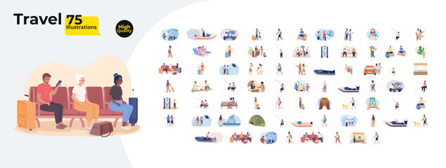 Travel and tourism lifestyle cartoon flat illustrations mega bundle. Transportation, vacation activities. Diverse travelers tourists 2D images isolated on white. Collection vector drawings colorful