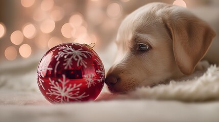 A cute brown puppy looks into a shiny round mirror, capturing curiosity and innocence. The minimalist setting makes it ideal for pet-themed products, curiosity, or reflective concepts