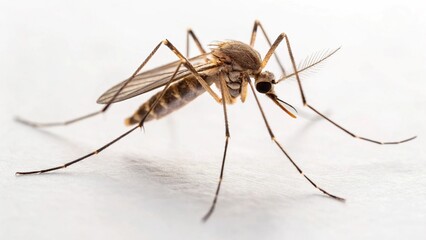 A single mosquito, sharply in focus, with its full form and delicate features visible, resting on a reflective surface that doubles its image