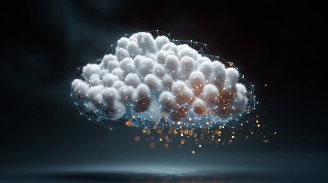 Cloud computing concept: A glowing, digitized cloud, signifying the evolution of modern computing. The cloud is represented in a futuristic composition. 