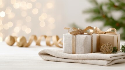 Two stylishly wrapped Christmas gifts rest on soft beige fabric, surrounded by elegant golden decorations and fir branches. A bokeh light background enhances the cozy holiday ambiance