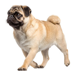 Obraz premium Tiny pug dog walking side view and full body with adorable stride and isolated white background Batch realistic clean bright simple modern stock image isolated on plain background for web and print