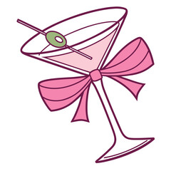 Martini cocktail with a pink bow and olive garnish is on transparent background