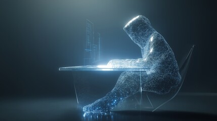 Digital 3D illustration of a faceless hacker in a glowing hoodie using a laptop, surrounded by futuristic tech elements. The concept conveys cybercrime, hacking, virtual security threats, anonymous