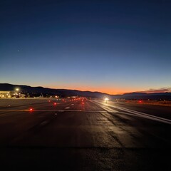 Runway at twilight, red lights lining the asphalt vanishing into a colorful, dusky horizon over low mountains