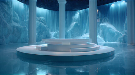 Icy interior with classical architectural columns framing a central platform, creating a stark and ethereal ambiance perfect for modern displays.