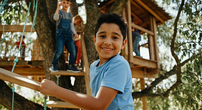 Young boy smiling while climbing a rope ladder to a treehouse, surrounded by friends playing in a vibrant outdoor setting, showcasing childhood joy and adventure