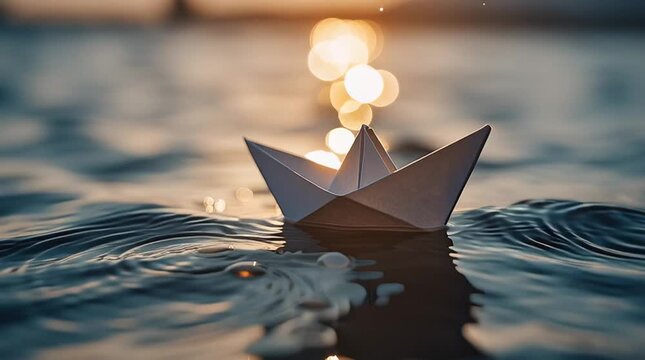 Paper Boat on Water: A delicate paper boat sails serenely atop shimmering water, bathed in the soft glow of the setting sun. A symbol of dreams, journey, and peaceful contemplation.