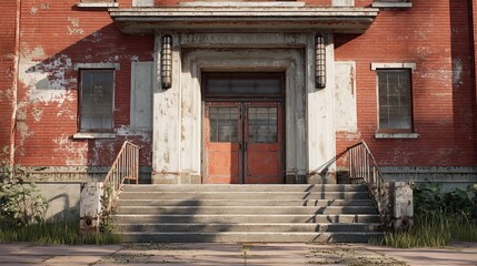 Modern school gymnasium entrance with brick facade and glass doors in educational campus setting