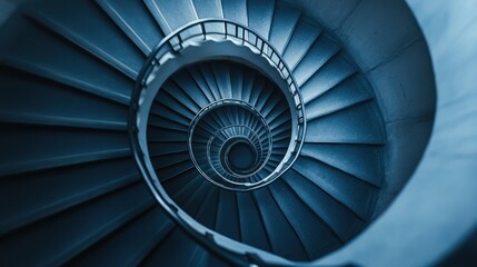 A close-up of a spiral staircase, viewed from directly above or below, creating a mesmerizing geometric pattern of light and shadow, architectural beauty, abstract and dynamic.
