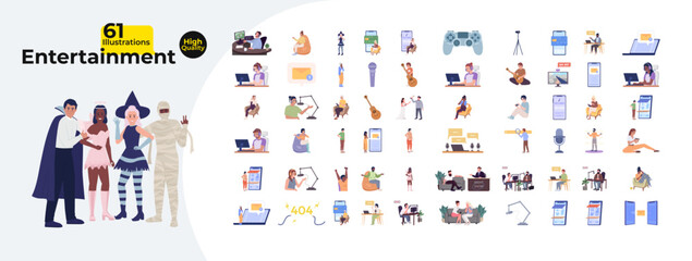 Entertainment and digital media cartoon flat illustrations mega bundle. Gaming, podcasting, livestreaming, diverse content creators 2D images isolated on white. Collection vector drawings colorful