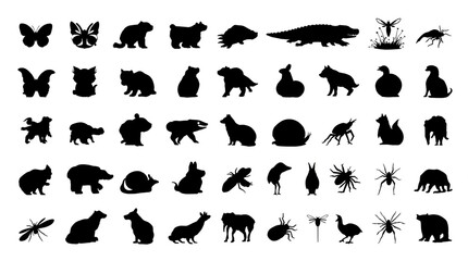 Silhouette collection diverse animal shapes arranged in neat rows on a white background