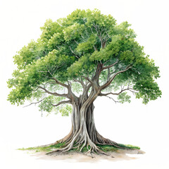 Large Lush Green Tree with Exposed Roots Illustration isolated on transparent background