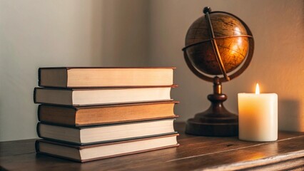 Bathed in soft candlelight, a classic globe and a pile of aged books create an inviting atmosphere of historical study and timeless wisdom, perfect for heritage or education themes