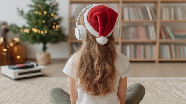 A teenage girl wearing a Santa hat and headphones sits on the floor facing a softly lit Christmas tree. Surrounded by holiday decor, the scene evokes comfort, music enjoyment, and festive relaxation