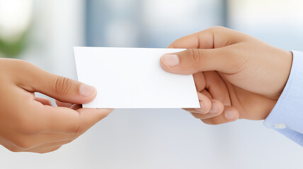 Business card exchange with firm grip, close up of two hands holding blank card, professional communication concept