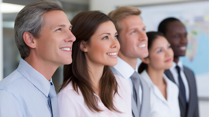 Fototapeta premium Businesspeople smiling and looking forward in office, diverse group showing positive teamwork and collaboration in professional environment