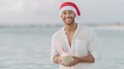 Smiling man in a red Santa hat and white linen shirt holding a fresh coconut drink with straws, standing against the backdrop of a calm turquoise sea. The image blends tropical vacation vibes