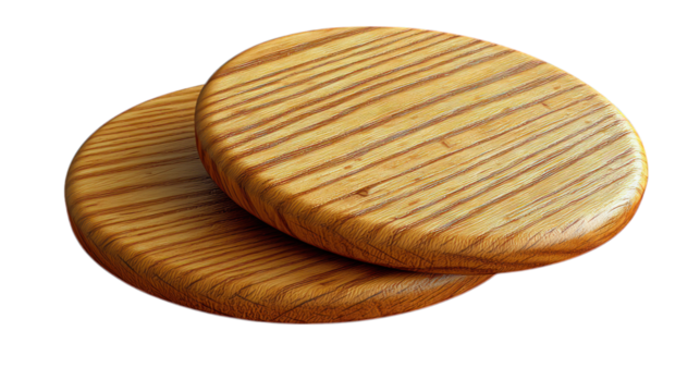 Two wood grain circles overlap, casting shadows on black ground
