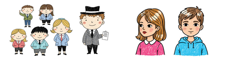 Cartoon people, illustration. Kids with adults, drawing, education, school, students, diversity, friendship, teamwork, joy.