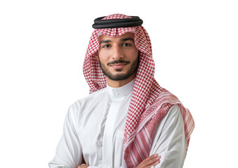 arab man smiling and wearing traditional attire isolated on white or transparent png