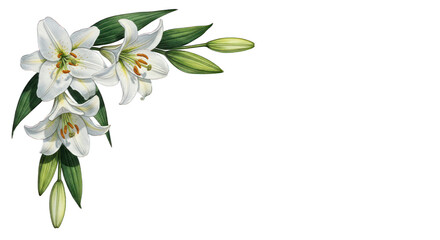 Obraz premium White lilies and green leaves arranged in the upper-left corner