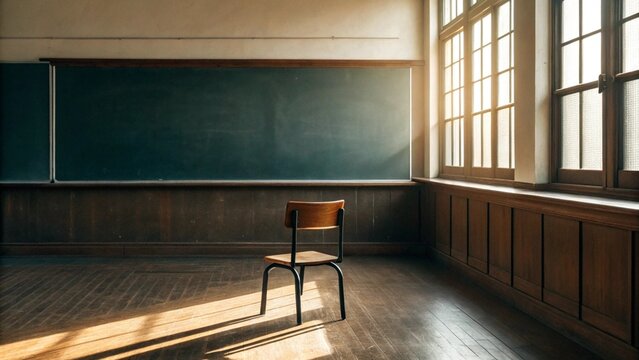 A solitary wooden chair sits in a sunlit, empty classroom, casting a long shadow across the polished wooden floor. The large chalkboard and tall windows with dark frames evoke a sense of quiet solitud - Powered by Adobe