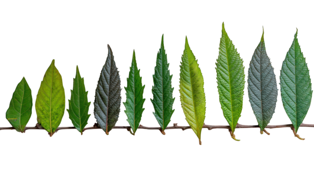 Variety of leaves displayed sequentially on a twig