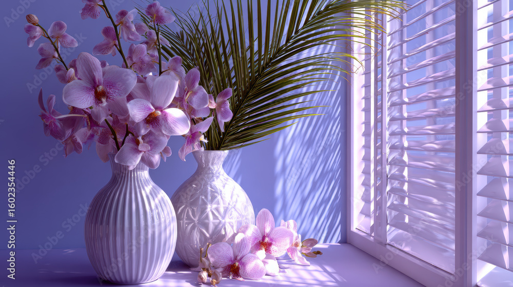 Poster elegant orchids in white vases by window create serene atmosphere with soft lighting and shadows
