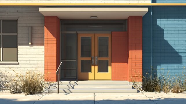 Modern school gymnasium entrance with brick facade and glass doors in educational campus setting