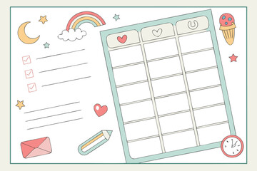 Cute and whimsical planner page with a checklist calendar grid and playful celestial and sweet treats illustrations for organized fun