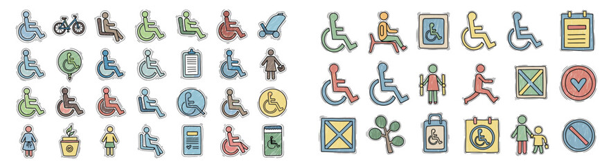 Variety of disability access and inclusivity symbols. Accessibility, inclusion, handicap, handicap accessible, mobility, equal, human rights, handicap symbol, disability awareness.