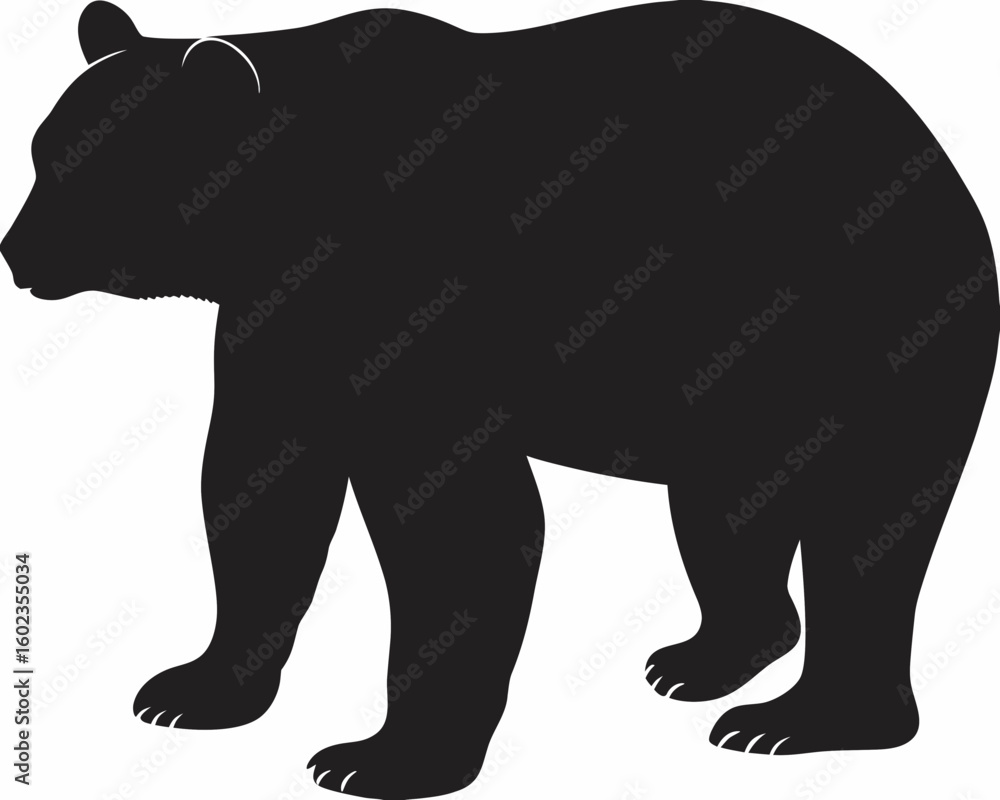 Poster silhouette of a large bear standing with its four legs visible and a white background perfectly isol