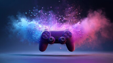 A sleek modern game controller hovers in the center of the frame, highlighted by a soft color gradient glow that creates a sense of motion and technology. The minimalistic backdrop emphasizes the tech