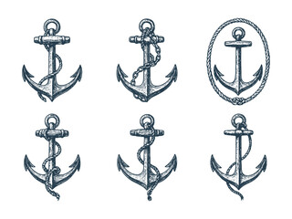 Set of vintage nautical anchor sketches featuring ropes and chains in engraved style. © Chairul