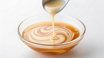 A stream of light-colored, viscous liquid is poured from a spoon into a clear glass bowl, swirling into a mesmerizing pattern over a darker, transparent liquid base, suggesting a culinary creation