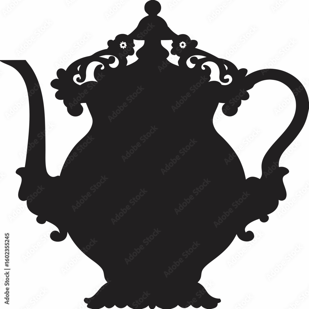 Poster silhouette of an ornate teapot with floral details and curved spout on a white background design ele