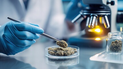 Gloved Hand Handling Herbs in Petri Dish with Microscope, Herbal Medicine Research